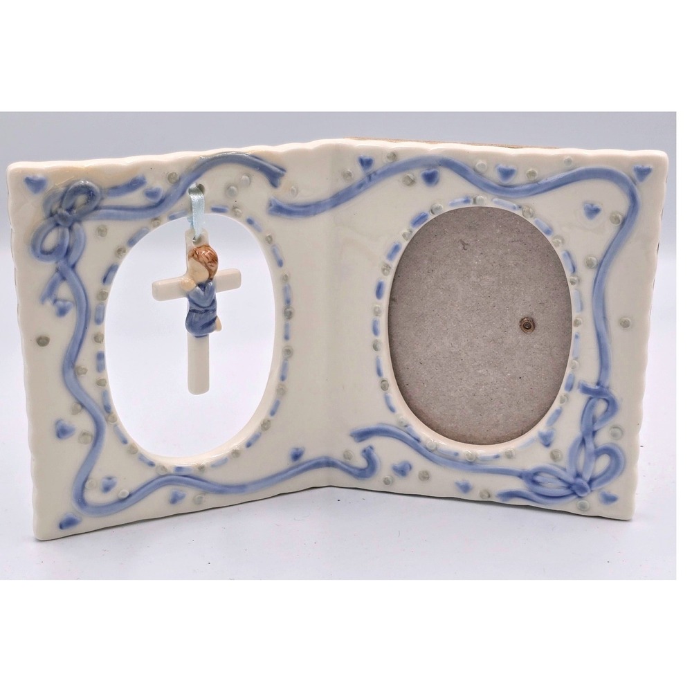 Vintage Baptism First Holy Communion Picture Frame Praying Boy Dangling Cross
